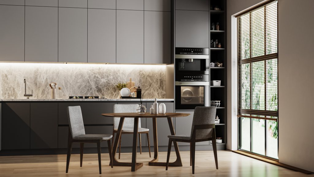 Modern kitchen interior with dinning area and window, 3d rendering